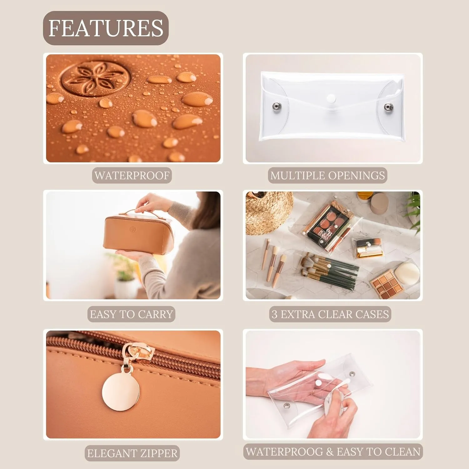 Travel Makeup Bag Waterproof Open Flat with Compartments, Large & Small Makeup Bag Organizer, PU Leather Toiletry Bag for Women, Cosmetic Bag, Make up Case Pouch, Make up Bags (4 Pcs Set)