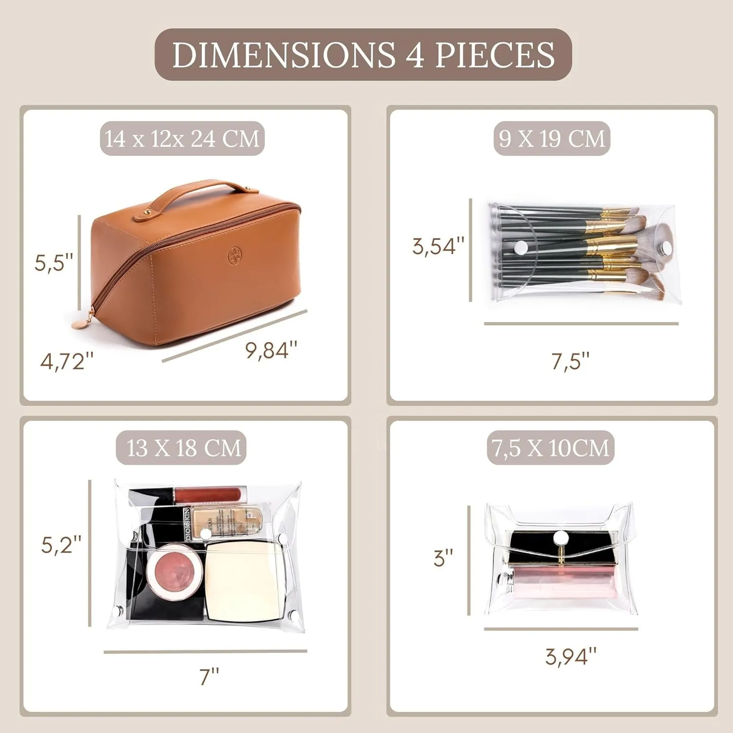 Travel Makeup Bag Waterproof Open Flat with Compartments, Large & Small Makeup Bag Organizer, PU Leather Toiletry Bag for Women, Cosmetic Bag, Make up Case Pouch, Make up Bags (4 Pcs Set)