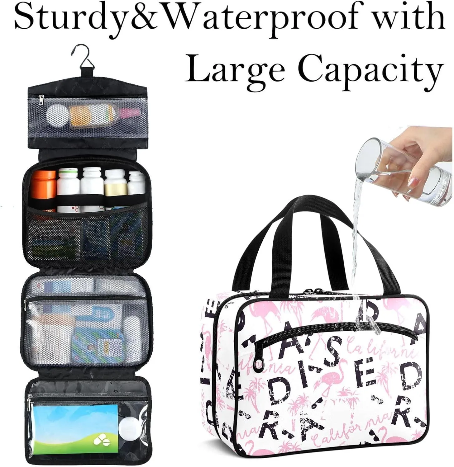 Travel Toiletry Bag for Woman/Men, California Quote Light Pink Flamingo Hanging Organizer Bag with Pockets Portable Folding Travel Case Bags for Makeup Cosmetic Toiletries Storage Traveling-L
