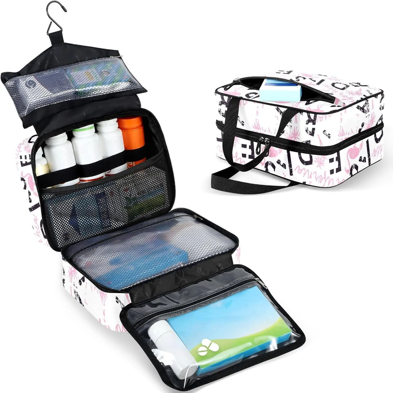 Travel Toiletry Bag for Woman/Men, California Quote Light Pink Flamingo Hanging Organizer Bag with Pockets Portable Folding Travel Case Bags for Makeup Cosmetic Toiletries Storage Traveling-L