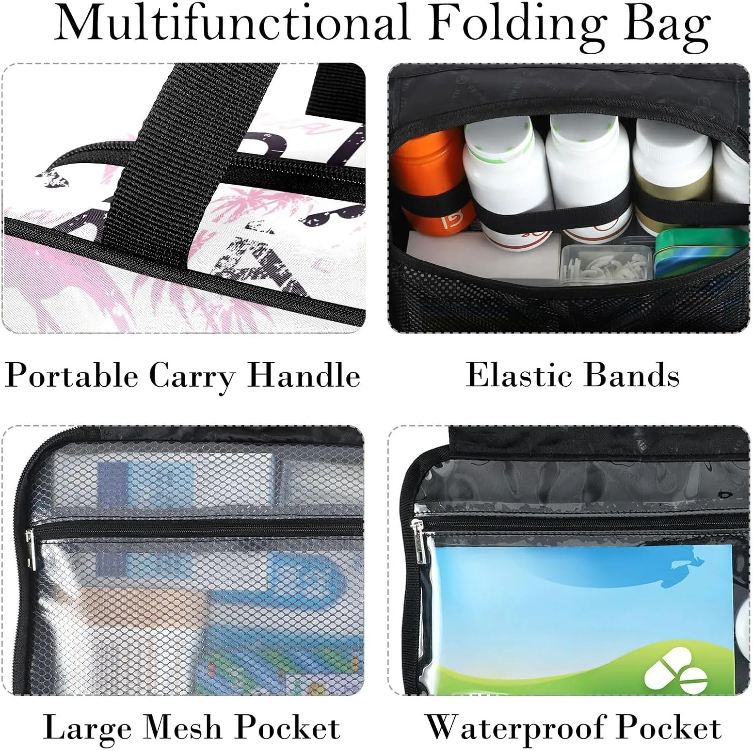 Travel Toiletry Bag for Woman/Men, California Quote Light Pink Flamingo Hanging Organizer Bag with Pockets Portable Folding Travel Case Bags for Makeup Cosmetic Toiletries Storage Traveling-L