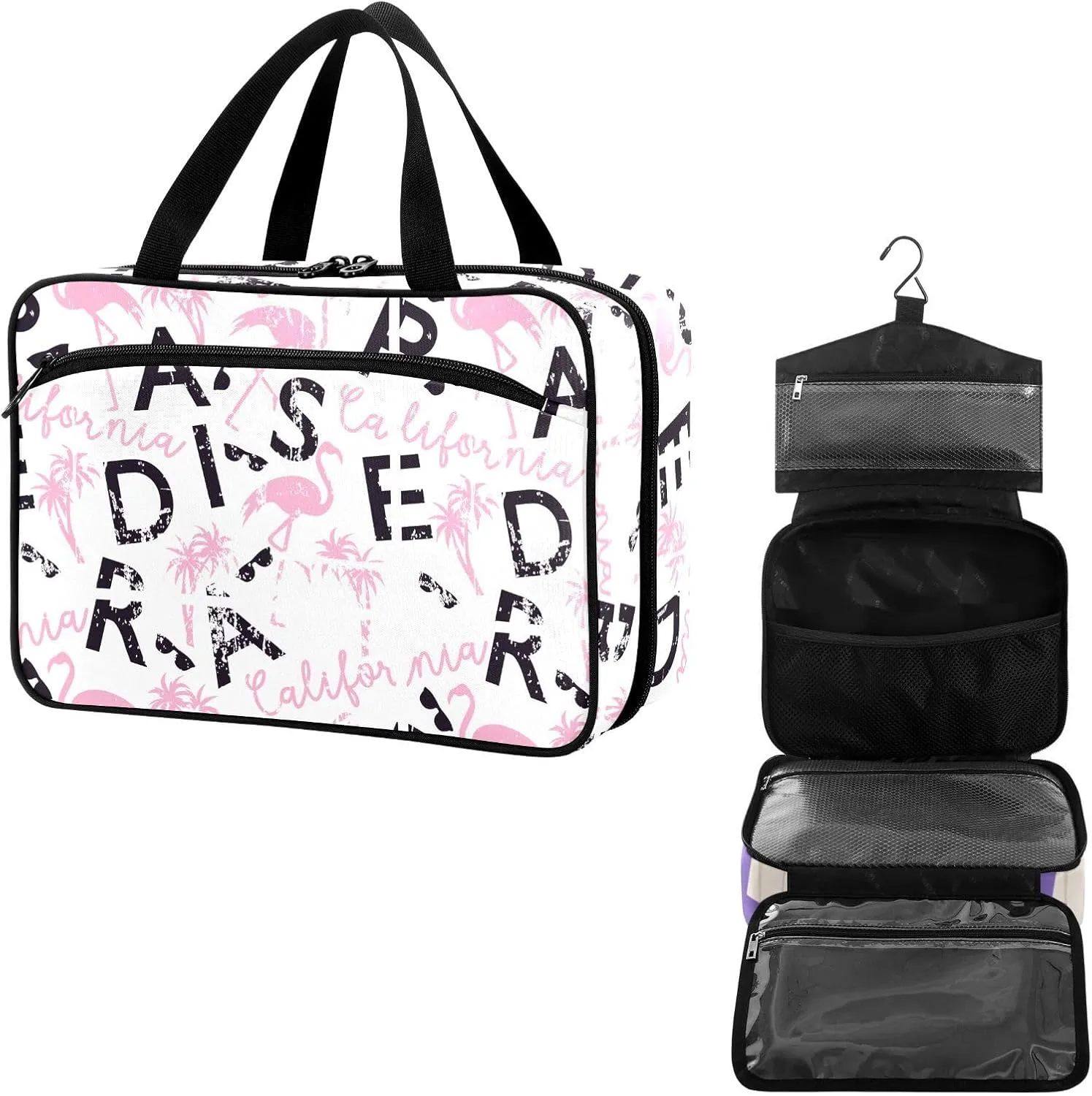 Travel Toiletry Bag for Woman/Men, California Quote Light Pink Flamingo Hanging Organizer Bag with Pockets Portable Folding Travel Case Bags for Makeup Cosmetic Toiletries Storage Traveling-L