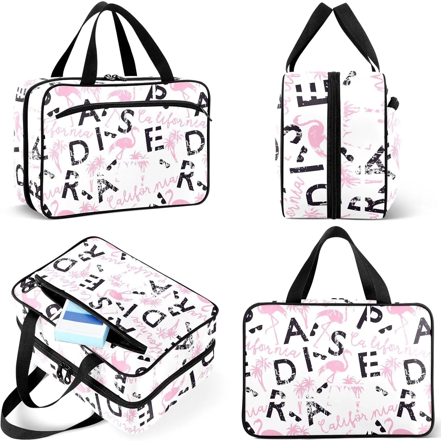 Travel Toiletry Bag for Woman/Men, California Quote Light Pink Flamingo Hanging Organizer Bag with Pockets Portable Folding Travel Case Bags for Makeup Cosmetic Toiletries Storage Traveling-L