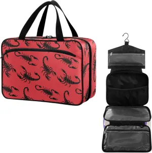 Travel Toiletry Bag for Woman/Men,Black Scorpion on Red Background Hanging Organizer Bag with Pockets Portable Folding Travel Case Bags for Makeup Cosmetic Toiletries Storage Traveling-L