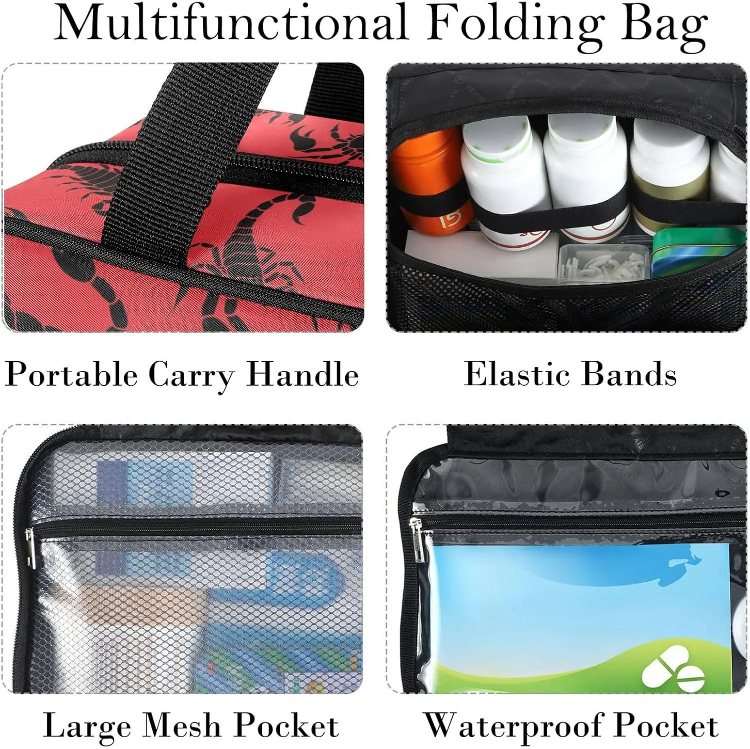 Travel Toiletry Bag for Woman/Men,Black Scorpion on Red Background Hanging Organizer Bag with Pockets Portable Folding Travel Case Bags for Makeup Cosmetic Toiletries Storage Traveling-L