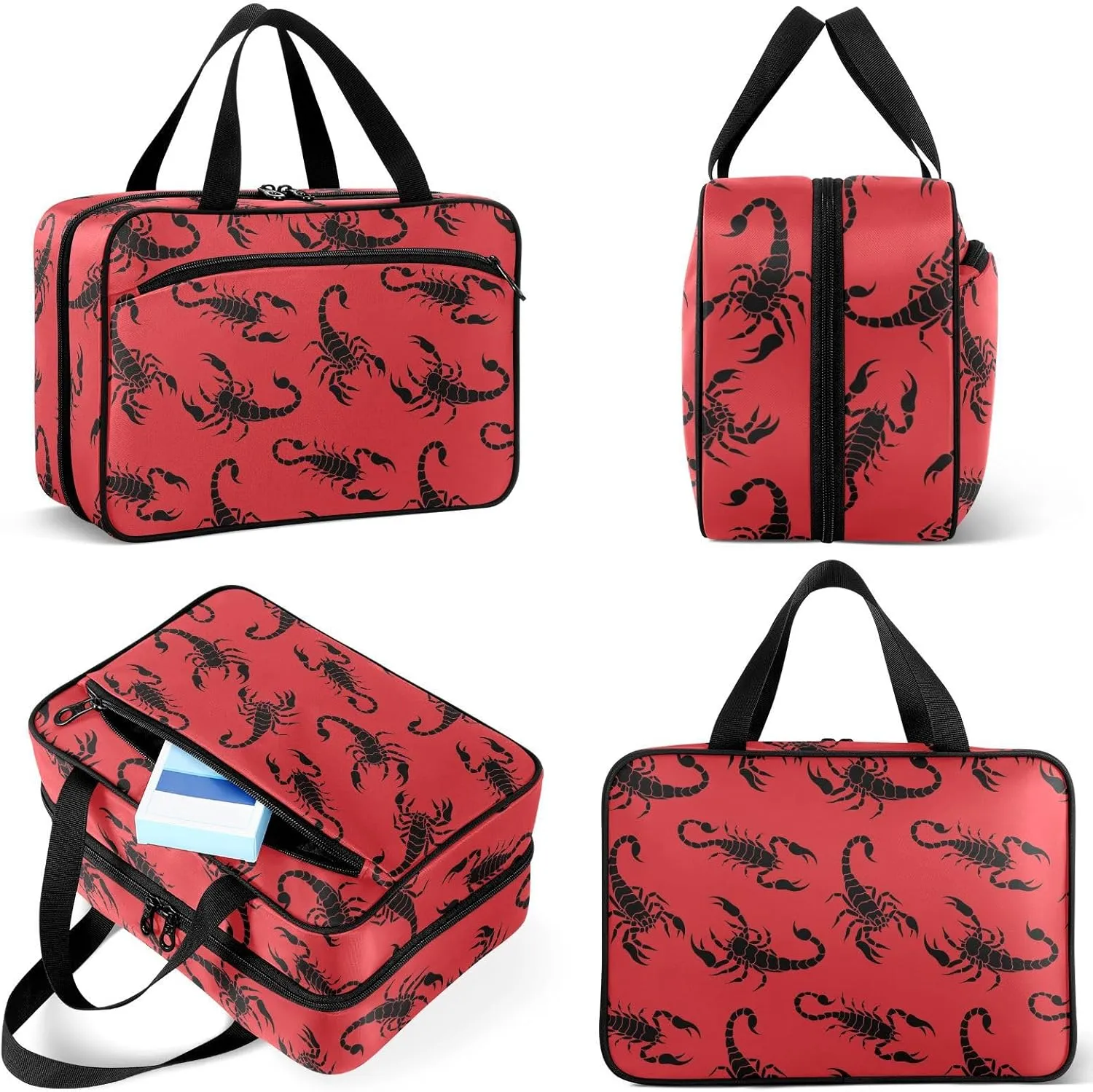 Travel Toiletry Bag for Woman/Men,Black Scorpion on Red Background Hanging Organizer Bag with Pockets Portable Folding Travel Case Bags for Makeup Cosmetic Toiletries Storage Traveling-L