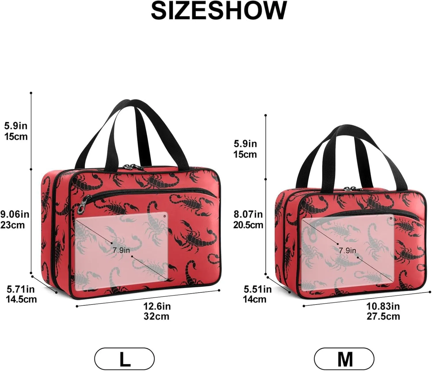 Travel Toiletry Bag for Woman/Men,Black Scorpion on Red Background Hanging Organizer Bag with Pockets Portable Folding Travel Case Bags for Makeup Cosmetic Toiletries Storage Traveling-L