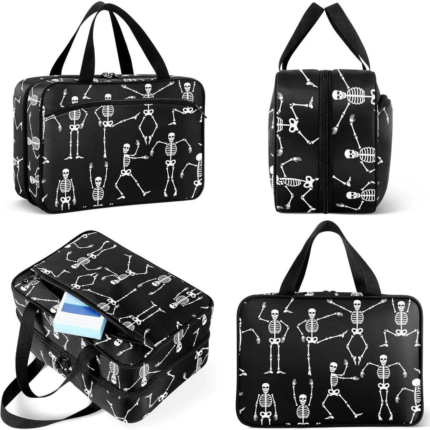Travel Toiletry Bag for Woman/Men,Funny Dancing Skeleton Black and White Hanging Organizer Bag with Pockets Portable Folding Travel Case Bags for Makeup Cosmetic Toiletries Storage Traveling-M