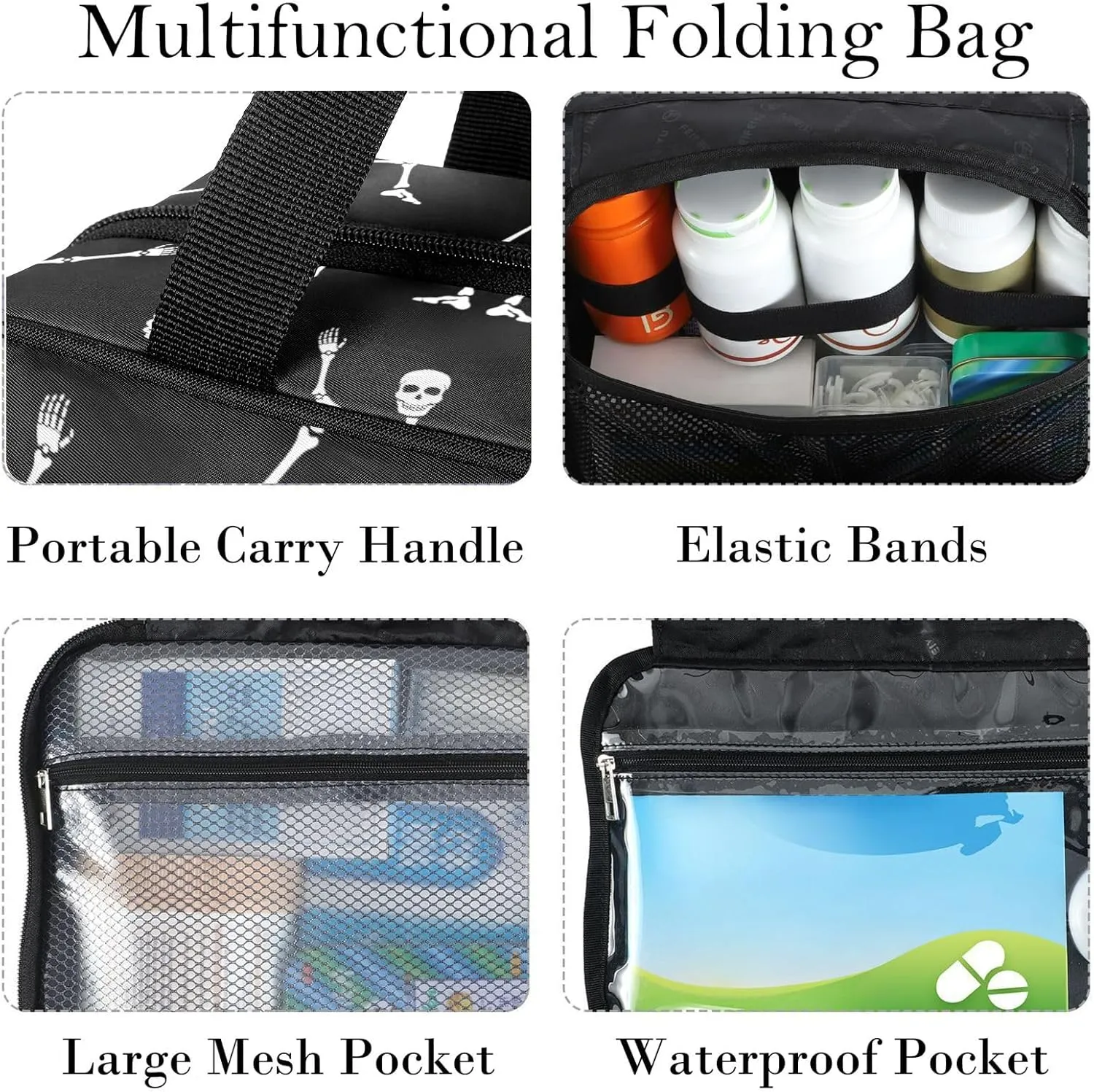 Travel Toiletry Bag for Woman/Men,Funny Dancing Skeleton Black and White Hanging Organizer Bag with Pockets Portable Folding Travel Case Bags for Makeup Cosmetic Toiletries Storage Traveling-M