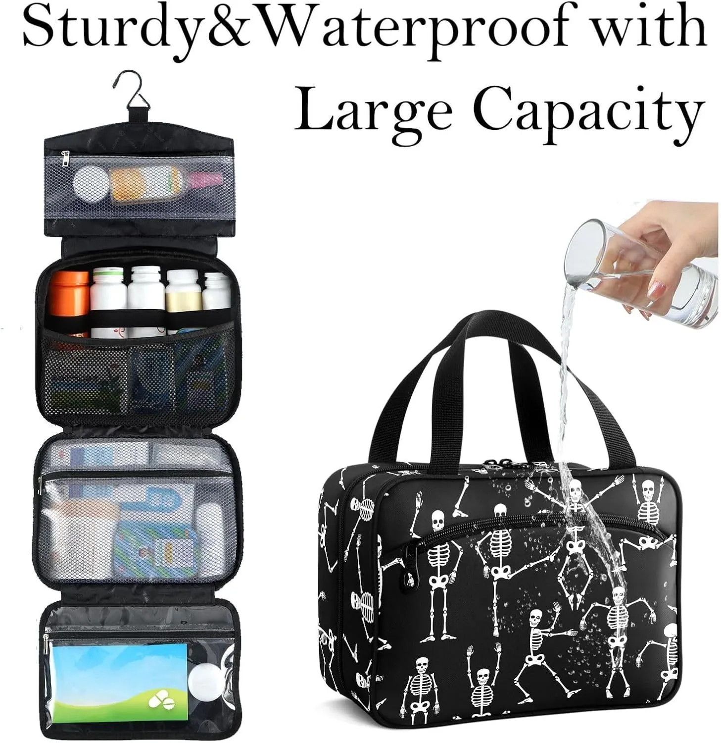 Travel Toiletry Bag for Woman/Men,Funny Dancing Skeleton Black and White Hanging Organizer Bag with Pockets Portable Folding Travel Case Bags for Makeup Cosmetic Toiletries Storage Traveling-M