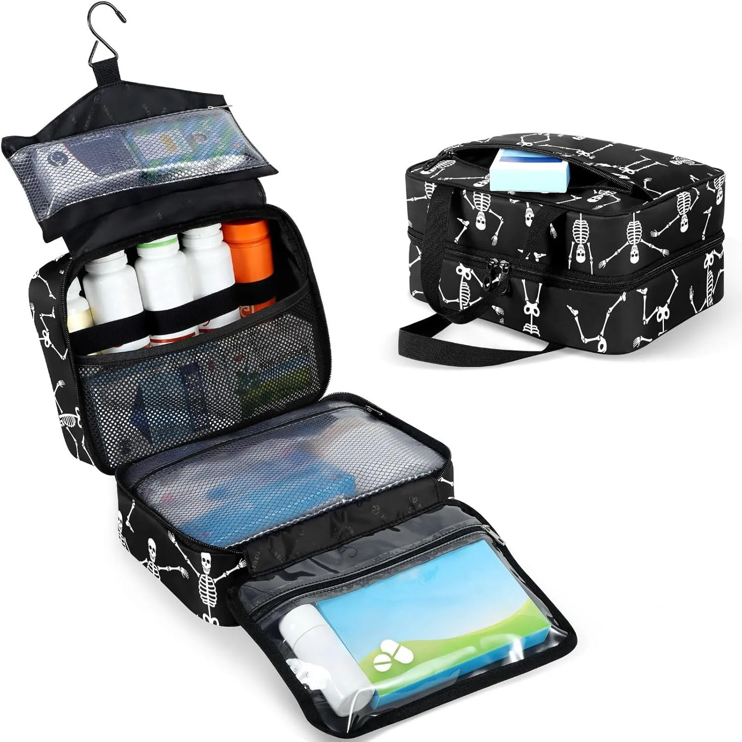 Travel Toiletry Bag for Woman/Men,Funny Dancing Skeleton Black and White Hanging Organizer Bag with Pockets Portable Folding Travel Case Bags for Makeup Cosmetic Toiletries Storage Traveling-M
