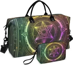 Travel Tote Bag Shoulder Weekender Overnight Bag Gym Duffel Bag with Toiletry Bag for Yoga Foldable Pentacles Neon Mystery Tarot Cards