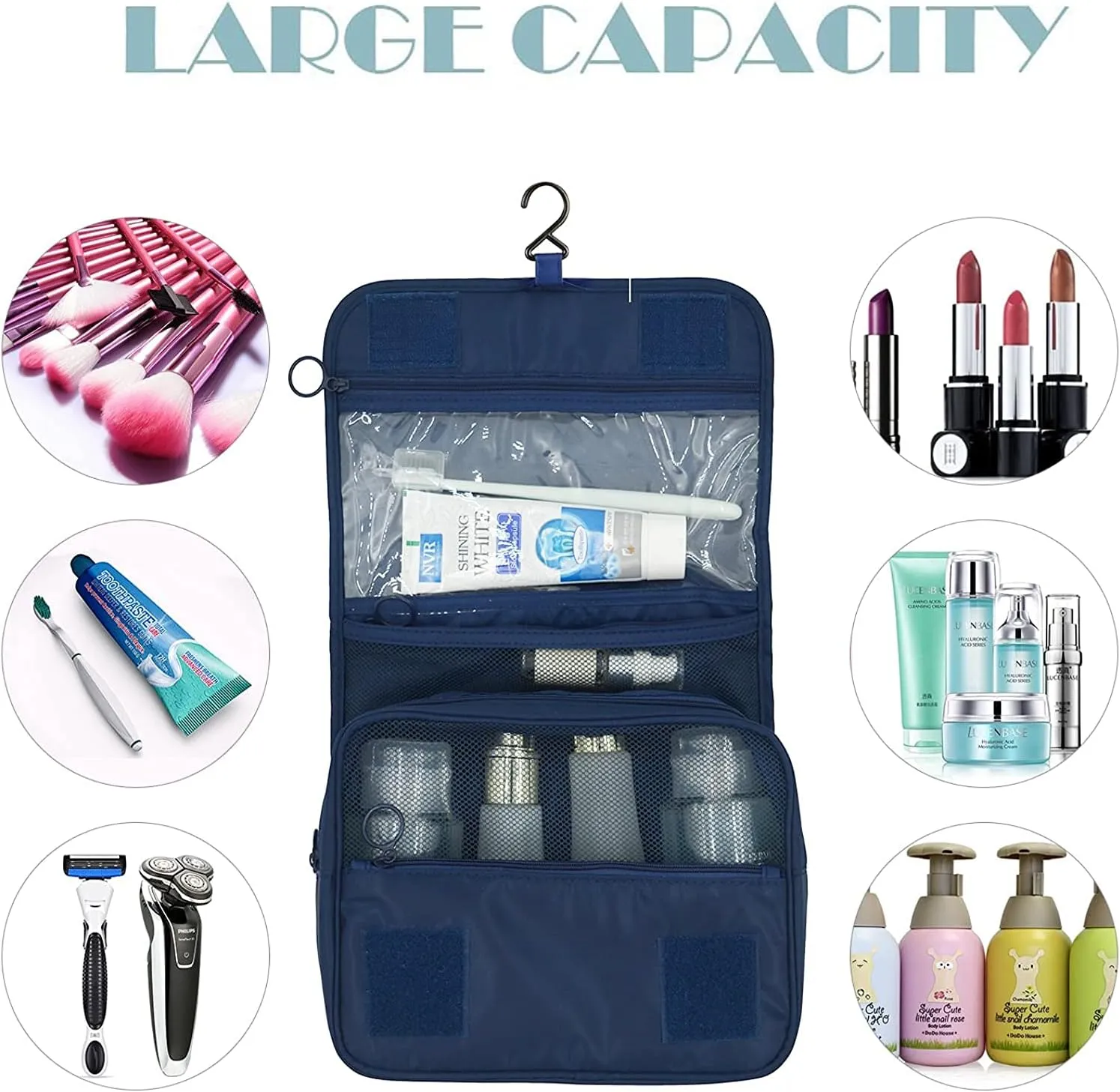 Trawila Travel Hanging Toiletry Bag Cosmetic Bag Makeup Organizers for Men & Women with Sturdy Hook (Dark blue)