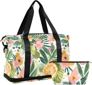 Tropical leaves and flowers Duffel Bags Travel Weekender Gear Bag Sports Duffel Bag with Adjustable Strap for Trekking Waterproof