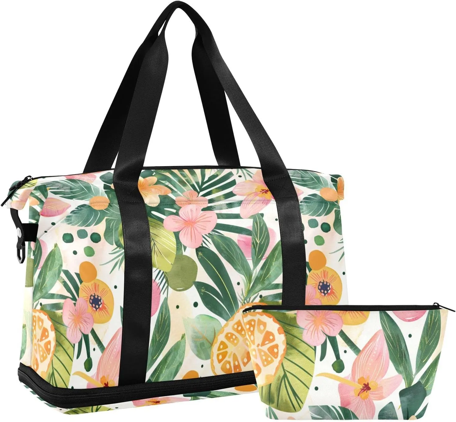 Tropical leaves and flowers Duffel Bags Travel Weekender Gear Bag Sports Duffel Bag with Adjustable Strap for Trekking Waterproof