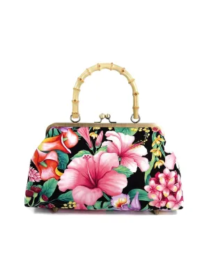 Tropical Pink Hibiscus Kisslock Bag with Bamboo Handle, Vintage Style Bag, Hawaiian Fashion Bag, Gift for Her