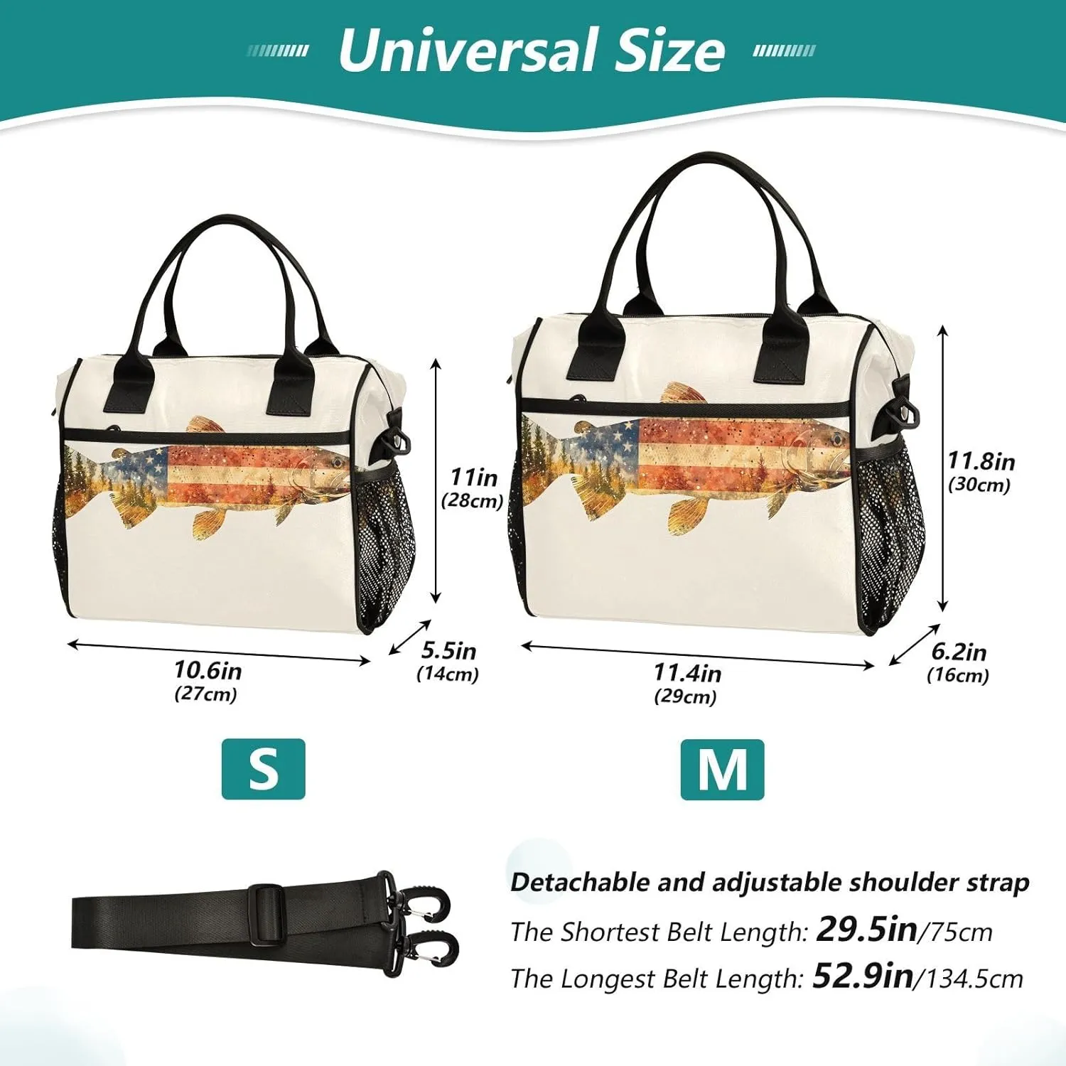 Trout Painting Insulated Lunch Bags Reusable Leak-proof Lunch Box Cooler Bag with Thermal Aluminum Lining Detachable Shoulder Strap Medium
