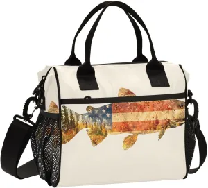 Trout Painting Insulated Lunch Bags Reusable Leak-proof Lunch Box Cooler Bag with Thermal Aluminum Lining Detachable Shoulder Strap Medium