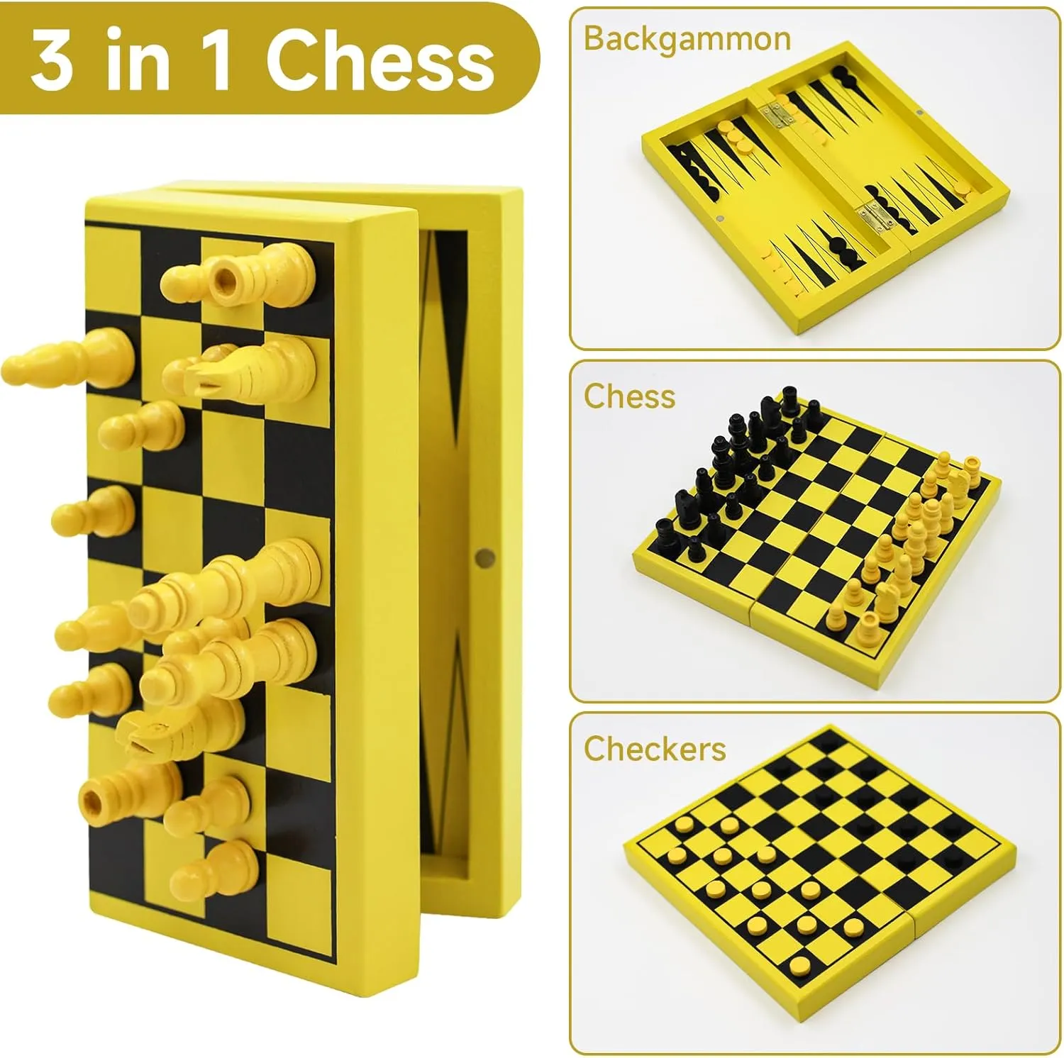 TUNJILOOL 3 in 1 Table Chess Set, Portable Folding Wooden Handmade Travel Chess Set with Game Pieces and Storage Slot (18cm)
