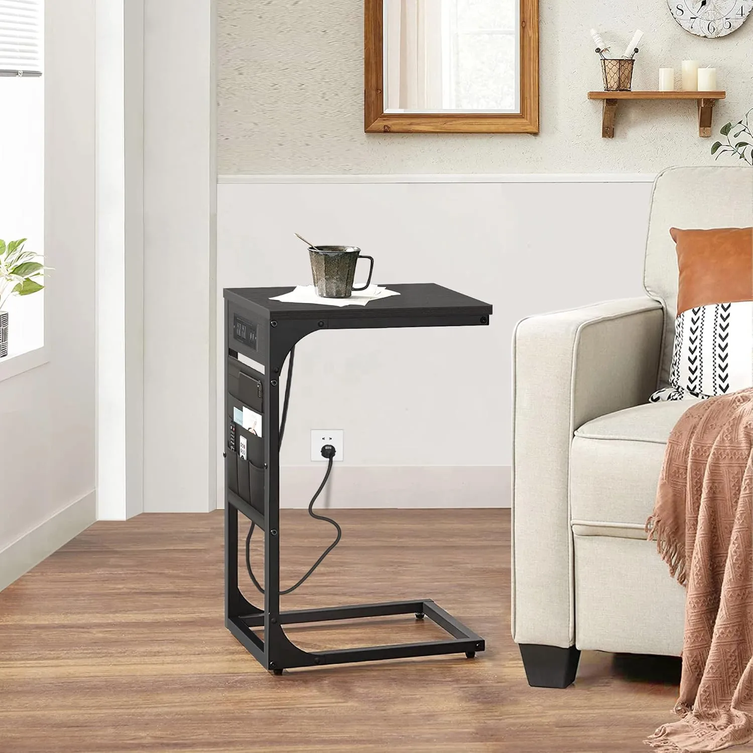 TUTOTAK C Shaped End Table with Charging Station, Side Table for Sofa and Couch with Storage, TV Tray Table with 2 USB Ports & Outlets - Black TB01BK024