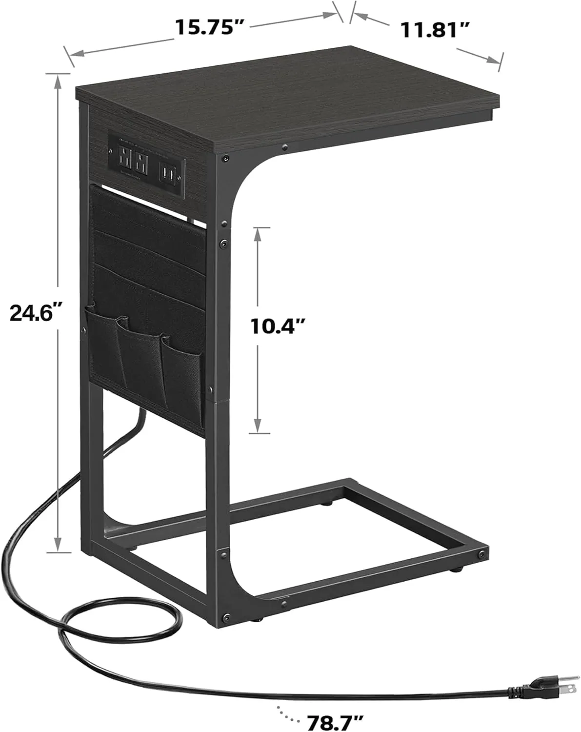 TUTOTAK C Shaped End Table with Charging Station, Side Table for Sofa and Couch with Storage, TV Tray Table with 2 USB Ports & Outlets - Black TB01BK024
