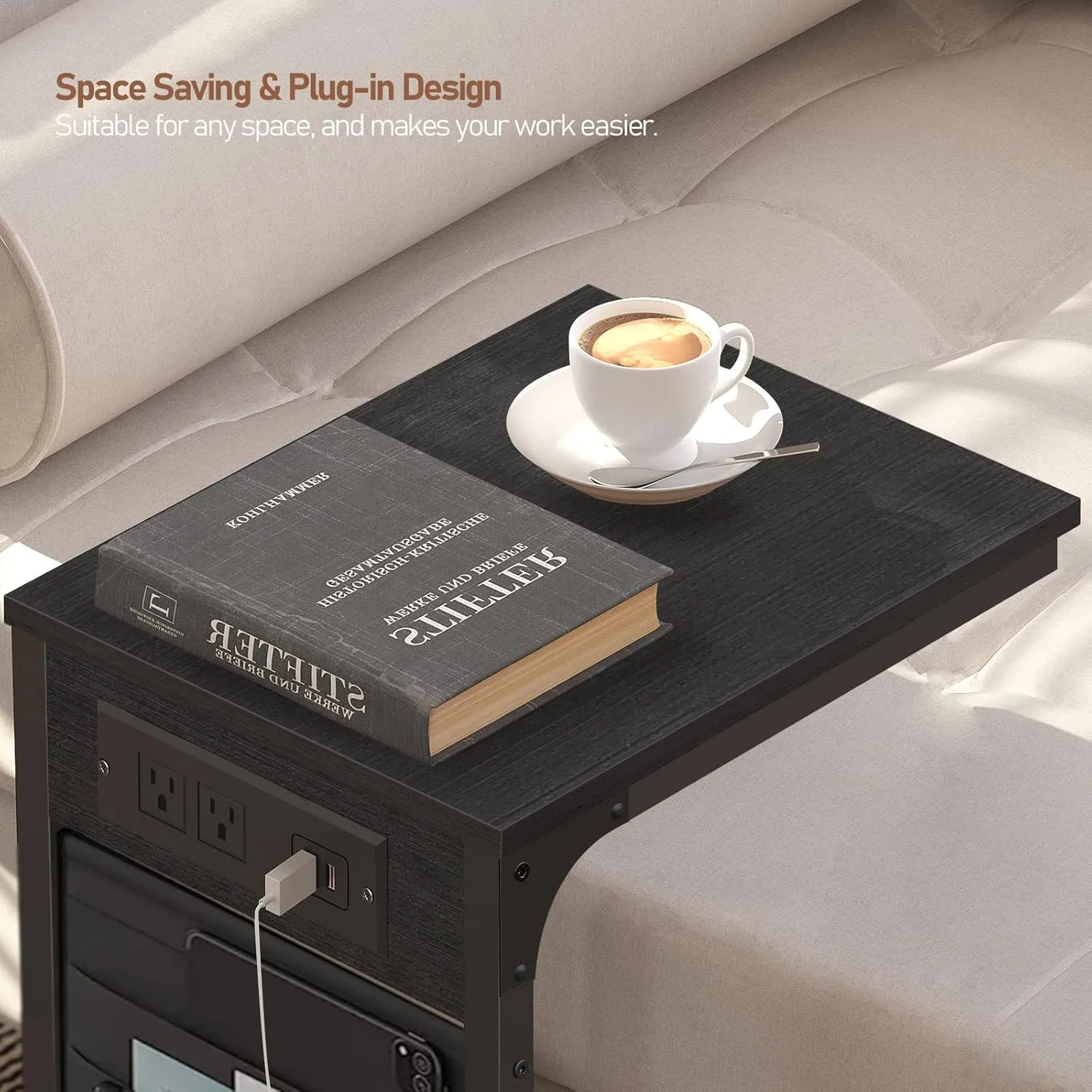 TUTOTAK C Shaped End Table with Charging Station, Side Table for Sofa and Couch with Storage, TV Tray Table with 2 USB Ports & Outlets - Black TB01BK024