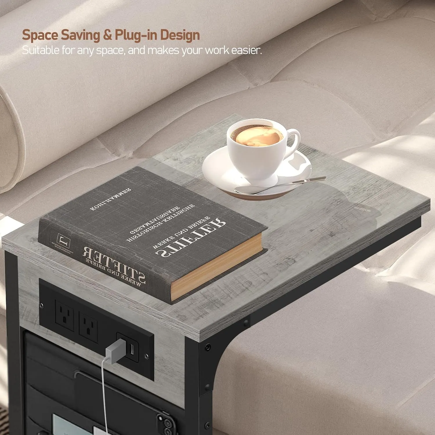 TUTOTAK C Shaped End Table with Charging Station, Side Table for Sofa, Couch Table with Storage Bag, TV Tray Table with 2 USB Ports and Outlets for Living Room, Bedroom TB01BG024
