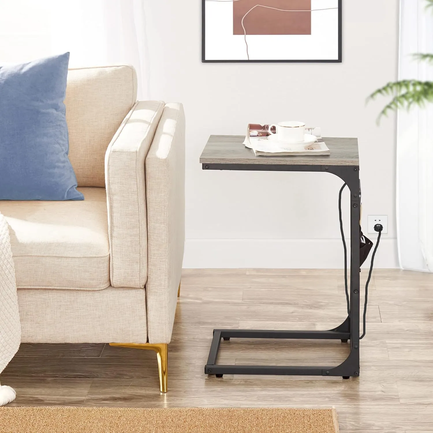TUTOTAK C Shaped End Table with Charging Station, Side Table for Sofa, Couch Table with Storage Bag, TV Tray Table with 2 USB Ports and Outlets for Living Room, Bedroom TB01BG024
