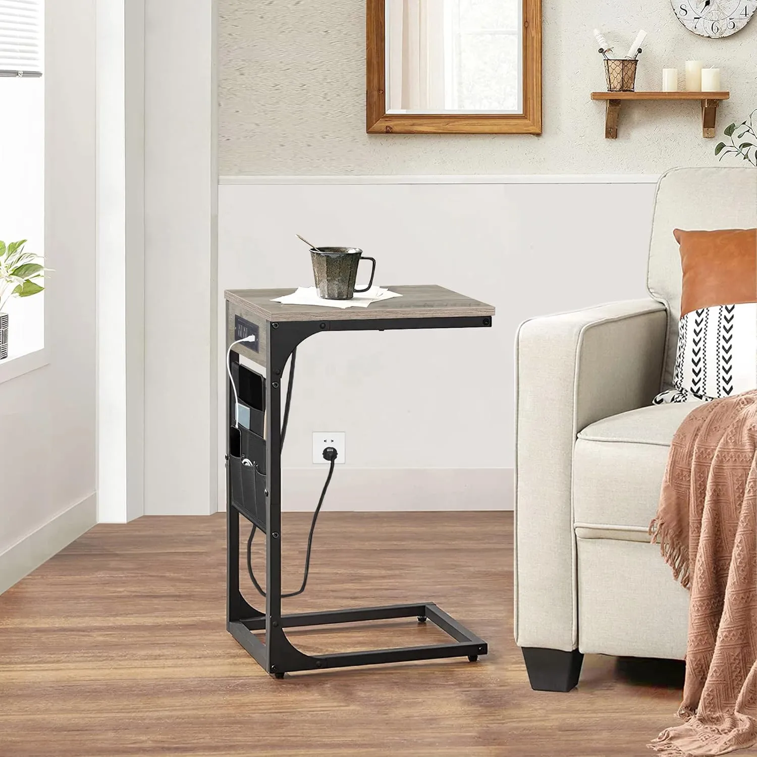 TUTOTAK C Shaped End Table with Charging Station, Side Table for Sofa, Couch Table with Storage Bag, TV Tray Table with 2 USB Ports and Outlets for Living Room, Bedroom TB01BG024
