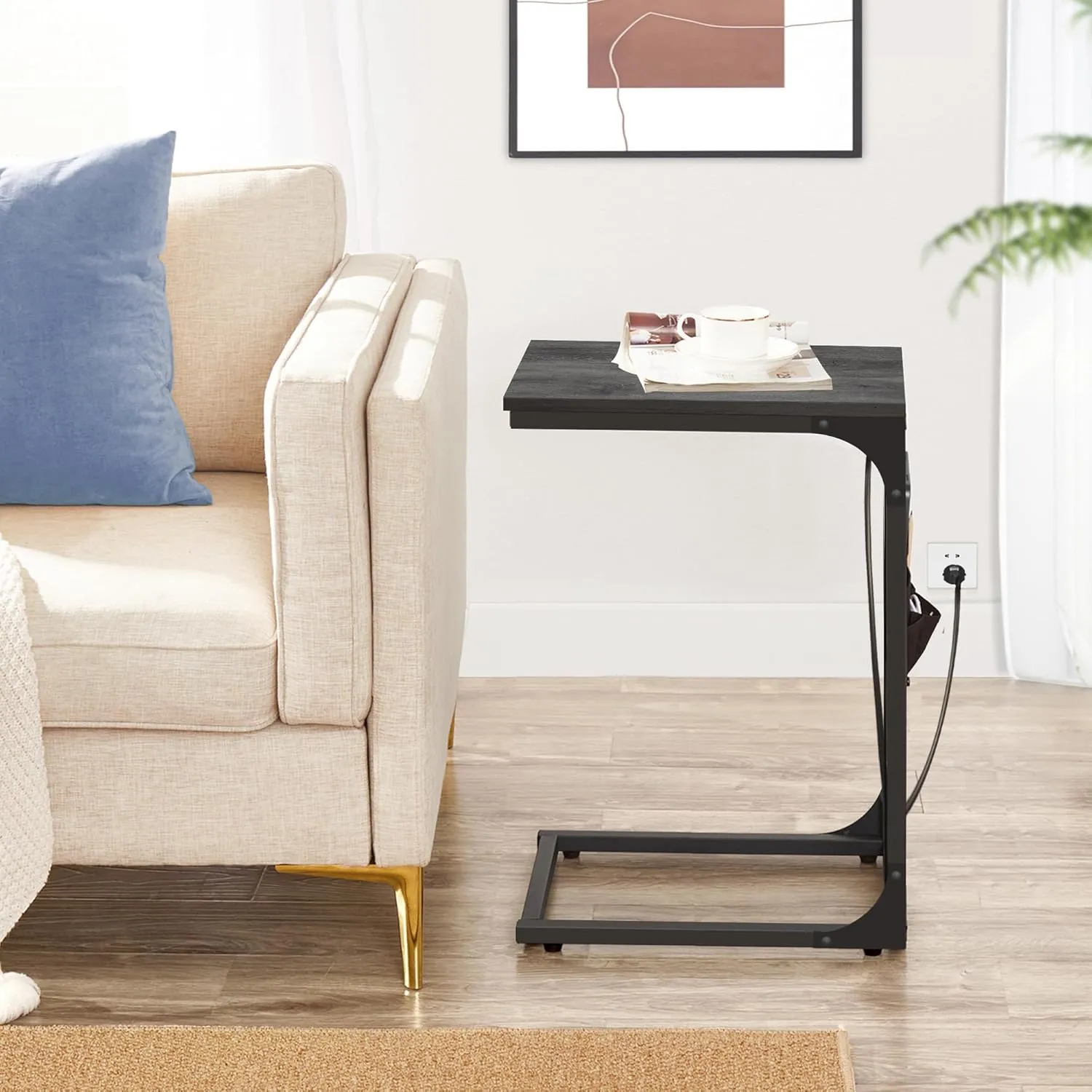 TUTOTAK C Shaped End Table with Charging Station, Side Table for Sofa, Couch Table with Storage Bag, TV Tray Table with 2 USB Ports and Outlets for Living Room, Bedroom, TB01BY024