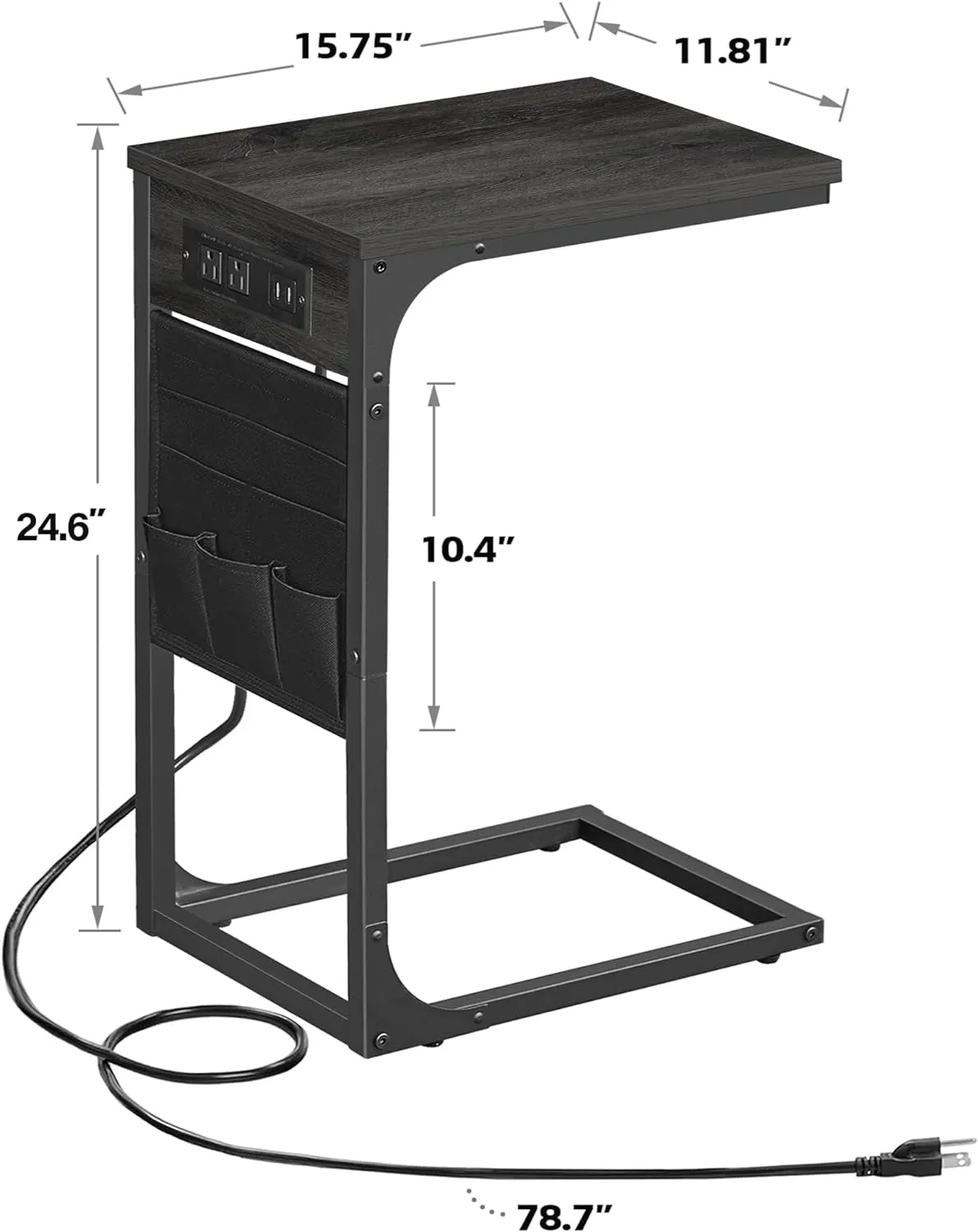 TUTOTAK C Shaped End Table with Charging Station, Side Table for Sofa, Couch Table with Storage Bag, TV Tray Table with 2 USB Ports and Outlets for Living Room, Bedroom, TB01BY024