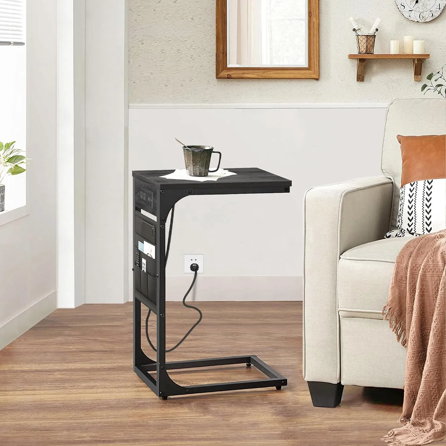 TUTOTAK C Shaped End Table with Charging Station, Side Table for Sofa, Couch Table with Storage Bag, TV Tray Table with 2 USB Ports and Outlets for Living Room, Bedroom, TB01BY024