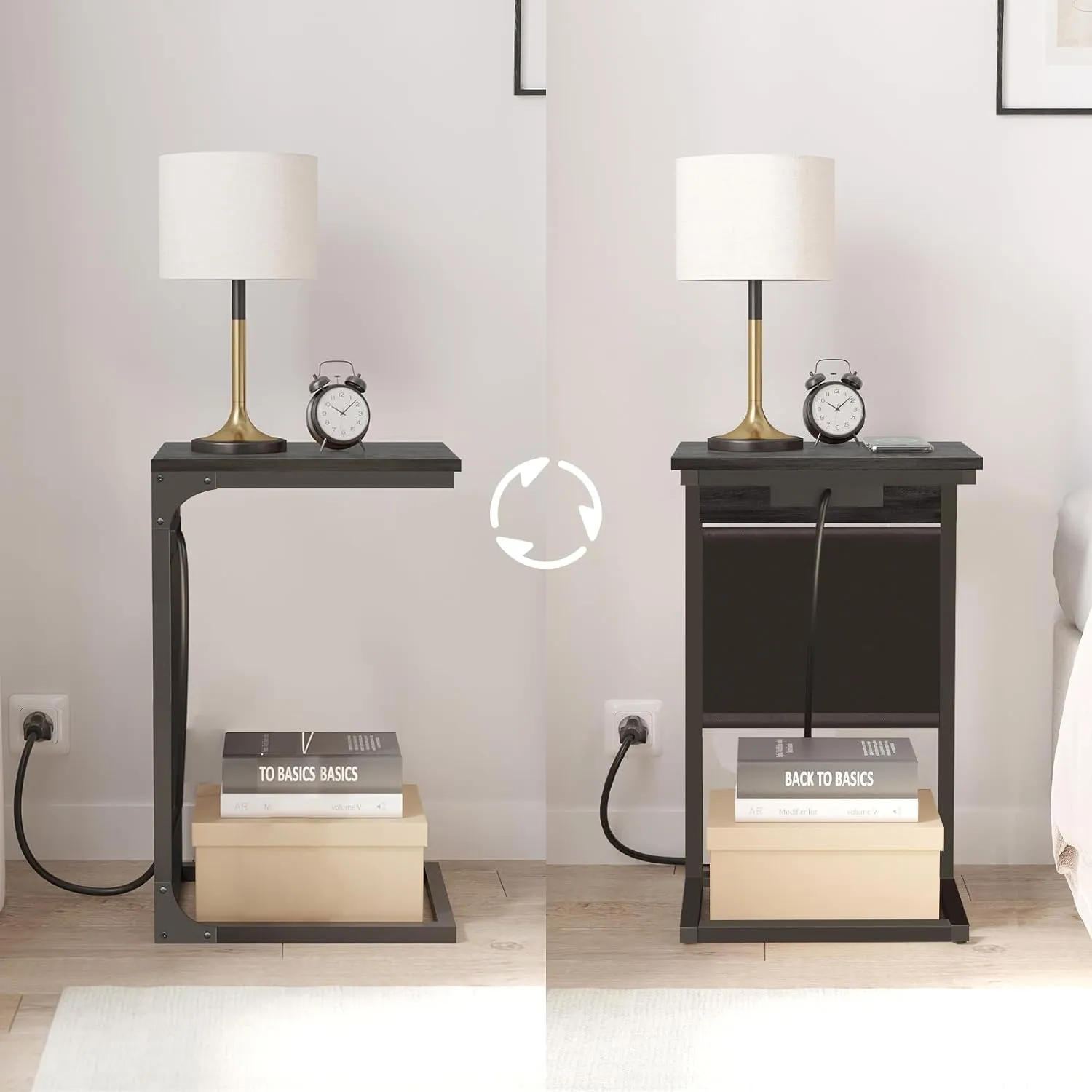 TUTOTAK C Shaped End Table with Charging Station, Side Table for Sofa, Couch Table with Storage Bag, TV Tray Table with 2 USB Ports and Outlets for Living Room, Bedroom, TB01BY024