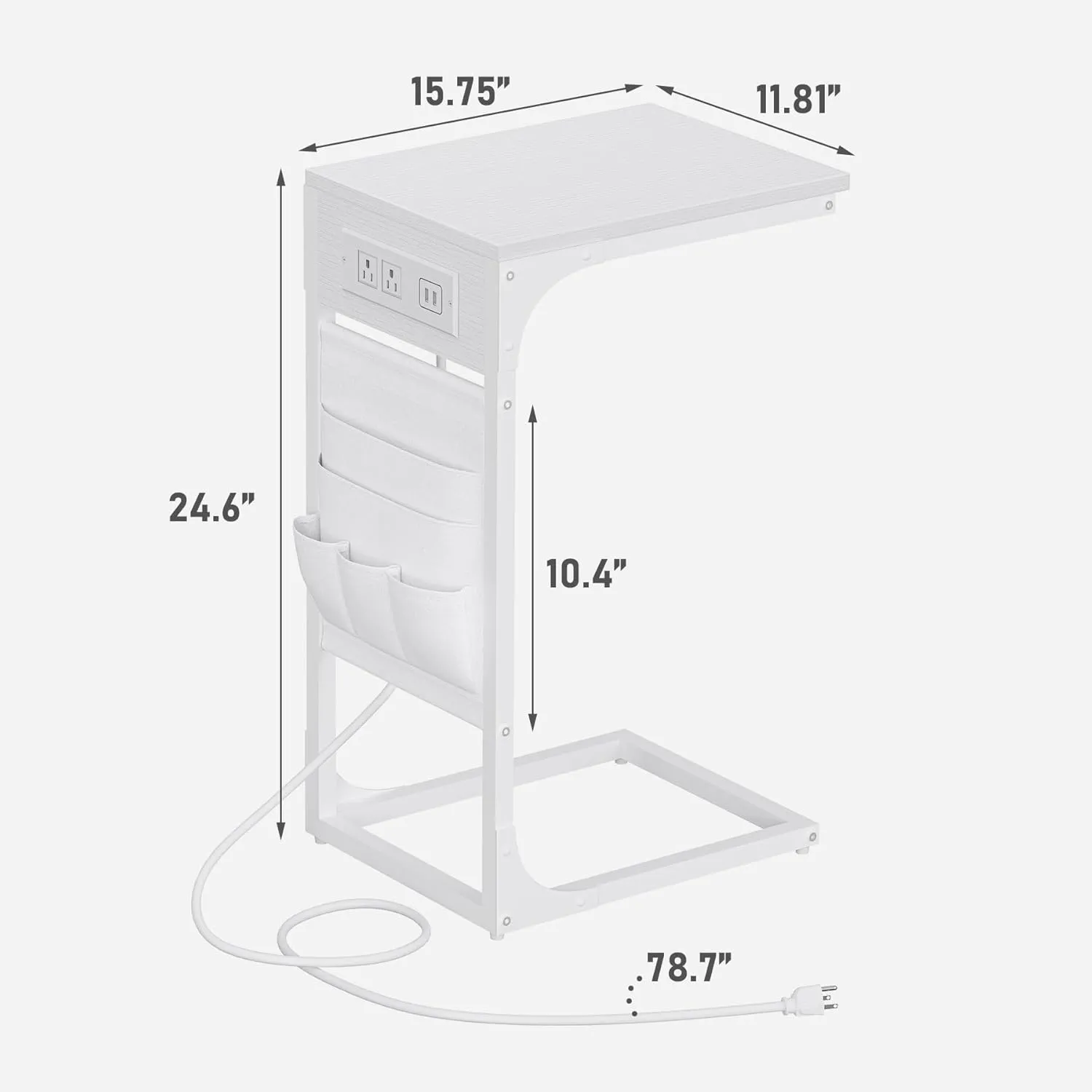 TUTOTAK C Shaped End Table with Charging Station, Side Table for Sofa, Couch Table with Storage Bag, TV Tray Table with 2 USB Ports and Outlets for Living Room, Bedroom, White TB01BW024