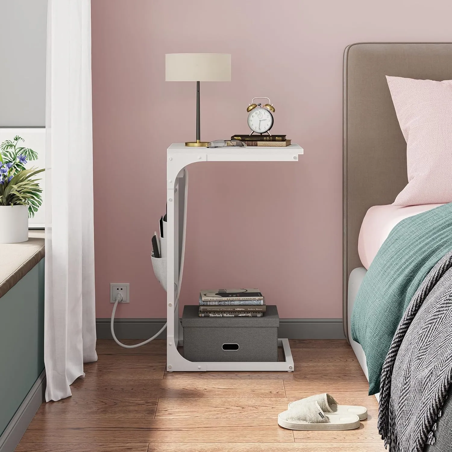 TUTOTAK C Shaped End Table with Charging Station, Side Table for Sofa, Couch Table with Storage Bag, TV Tray Table with 2 USB Ports and Outlets for Living Room, Bedroom, White TB01BW024