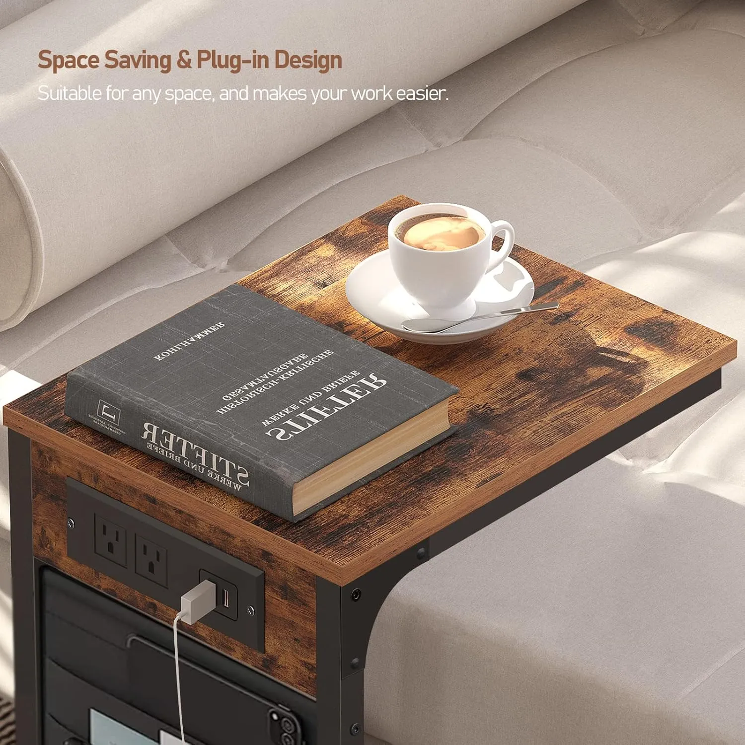 TUTOTAK C Shaped End Table with Charging Station, Side Table for Sofa, Couch Table with Storage Bag, TV Tray with 2 USB Ports and Outlets for Living Room, Bedroom, Brown TB01BB024