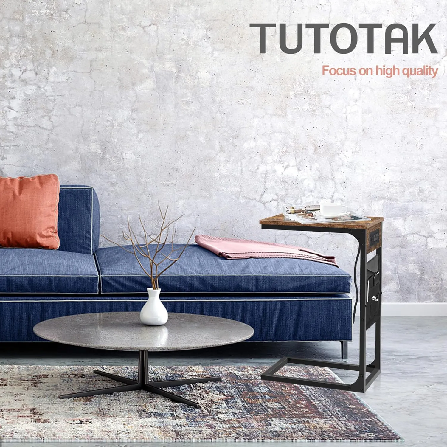 TUTOTAK C Shaped End Table with Charging Station, Side Table for Sofa, Couch Table with Storage Bag, TV Tray with 2 USB Ports and Outlets for Living Room, Bedroom, Brown TB01BB024