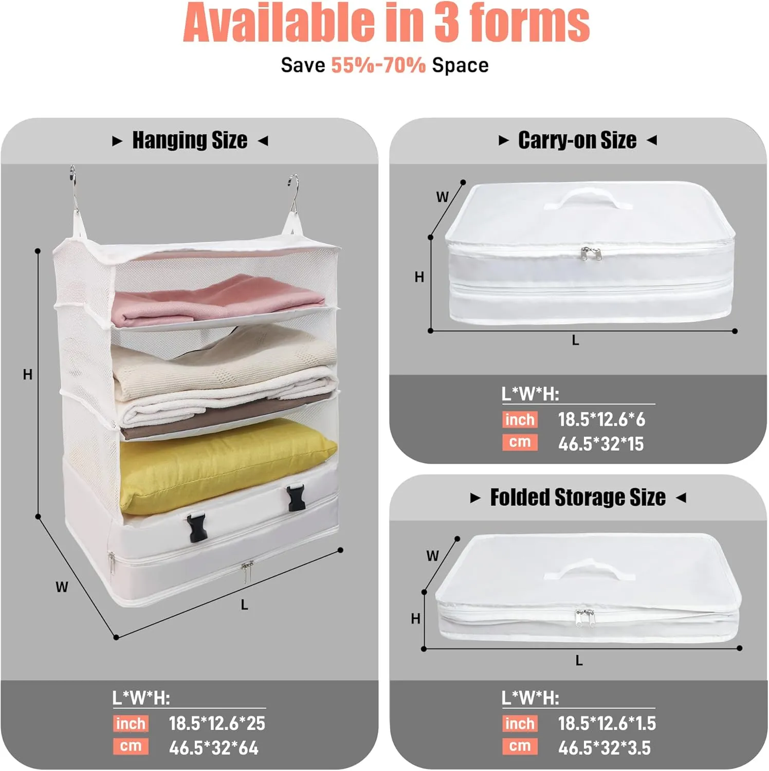 Twira Portable Hanging Travel Shelves, Suitcase Organizer, Packing Cubes for Travel, Carry-On Closet Insert, X-Large Capacity Travel Bags Collapsible 4-Shelf Travel Closet with 2 Hooks (White)