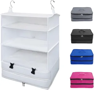 Twira Portable Hanging Travel Shelves, Suitcase Organizer, Packing Cubes for Travel, Carry-On Closet Insert, X-Large Capacity Travel Bags Collapsible 4-Shelf Travel Closet with 2 Hooks (White)