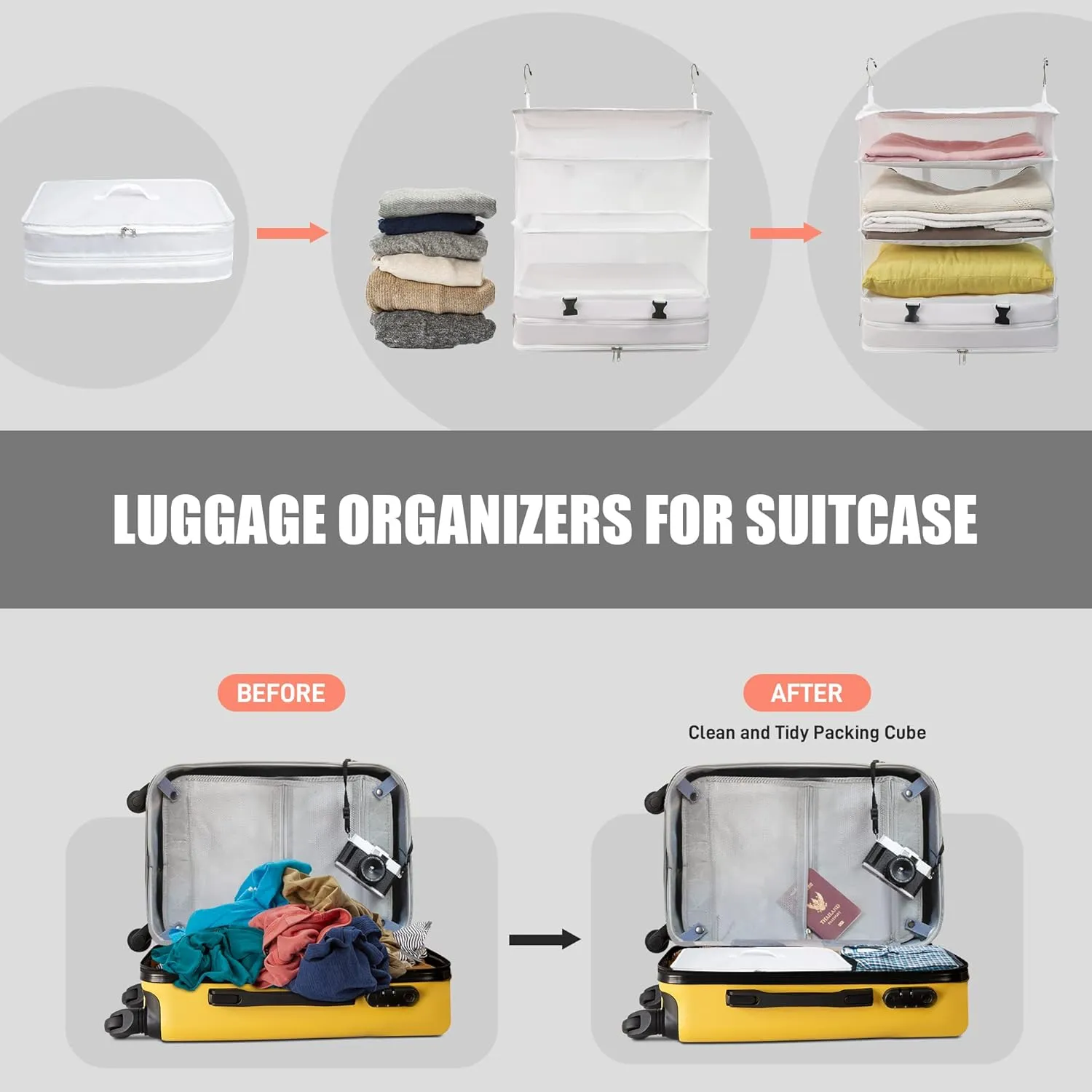 Twira Portable Hanging Travel Shelves, Suitcase Organizer, Packing Cubes for Travel, Carry-On Closet Insert, X-Large Capacity Travel Bags Collapsible 4-Shelf Travel Closet with 2 Hooks (White)
