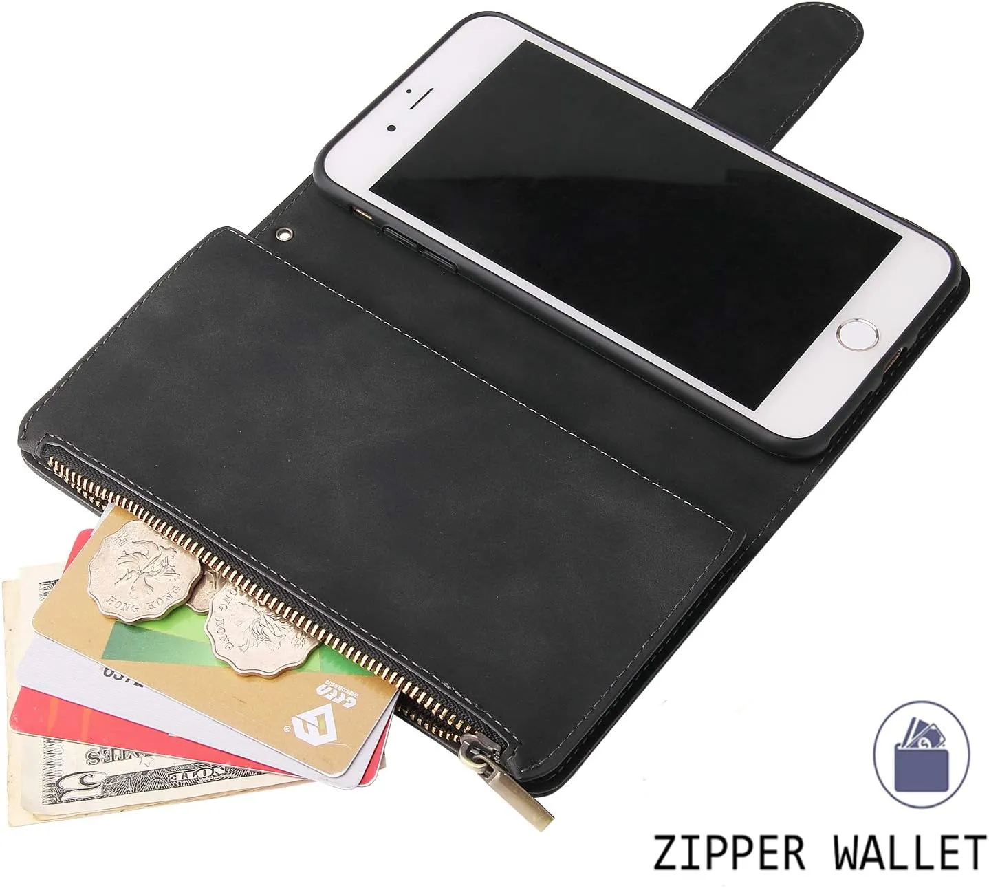 UEEBAI Wallet Case for iPhone 7 Plus iPhone 8 Plus, Premium Vintage PU Leather Magnetic Closure Handbag Zipper Pocket Case Kickstand Card Holder Slots with Wrist Strap TPU Shockproof Flip Cover-Black