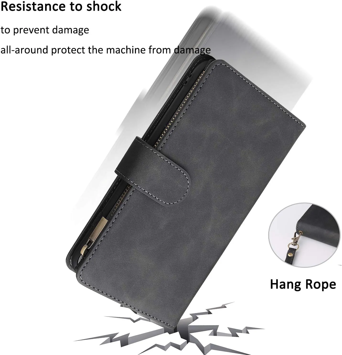 UEEBAI Wallet Case for iPhone 7 Plus iPhone 8 Plus, Premium Vintage PU Leather Magnetic Closure Handbag Zipper Pocket Case Kickstand Card Holder Slots with Wrist Strap TPU Shockproof Flip Cover-Black