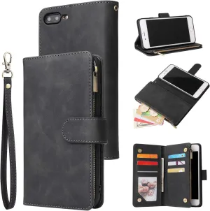 UEEBAI Wallet Case for iPhone 7 Plus iPhone 8 Plus, Premium Vintage PU Leather Magnetic Closure Handbag Zipper Pocket Case Kickstand Card Holder Slots with Wrist Strap TPU Shockproof Flip Cover-Black
