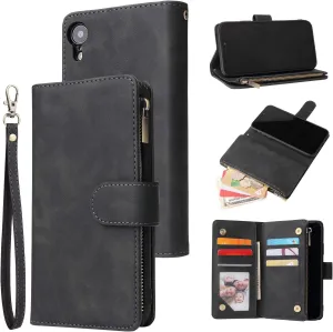 UEEBAI Wallet Case for iPhone XR, Premium Vintage PU Leather Magnetic Closure Handbag Zipper Pocket Cover Kickstand Card Holder Slots with Wrist Strap TPU Shockproof Flip Case for iPhone XR - Black