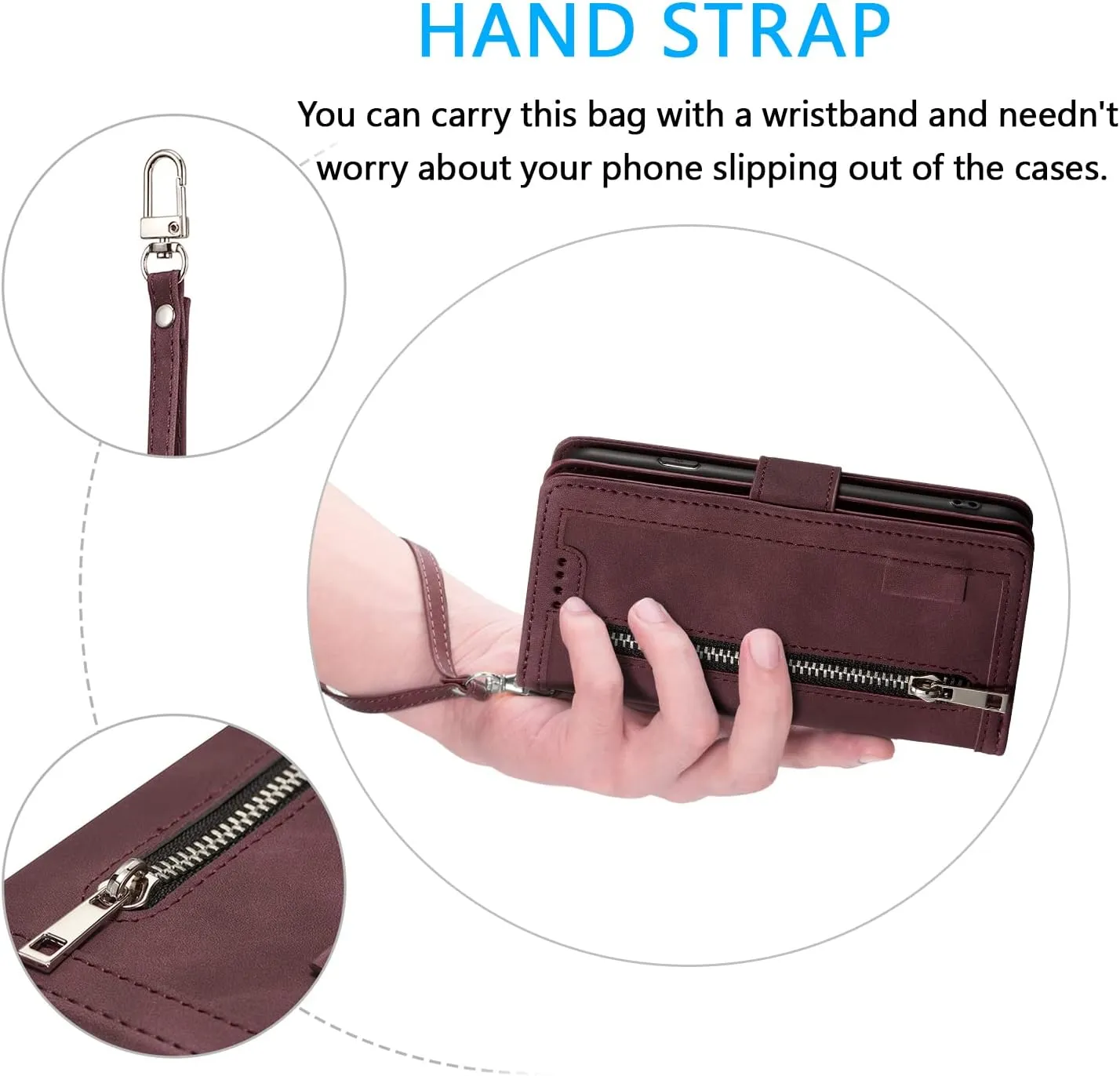 UEEBAI Wallet Case for Samsung Galaxy A16 4G/5G, 9 Card Holder Slots Zipper Pocket Handbag Wallet Magnetic Closure Kickstand with Wrist Strap TPU Shockproof Flip Case for Women - Wine Red
