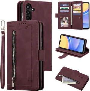 UEEBAI Wallet Case for Samsung Galaxy A16 4G/5G, 9 Card Holder Slots Zipper Pocket Handbag Wallet Magnetic Closure Kickstand with Wrist Strap TPU Shockproof Flip Case for Women - Wine Red