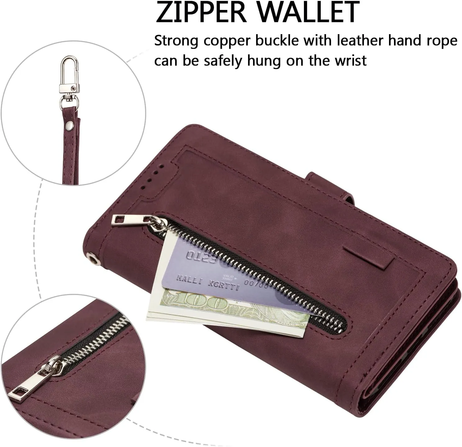 UEEBAI Wallet Case for Samsung Galaxy A16 4G/5G, 9 Card Holder Slots Zipper Pocket Handbag Wallet Magnetic Closure Kickstand with Wrist Strap TPU Shockproof Flip Case for Women - Wine Red