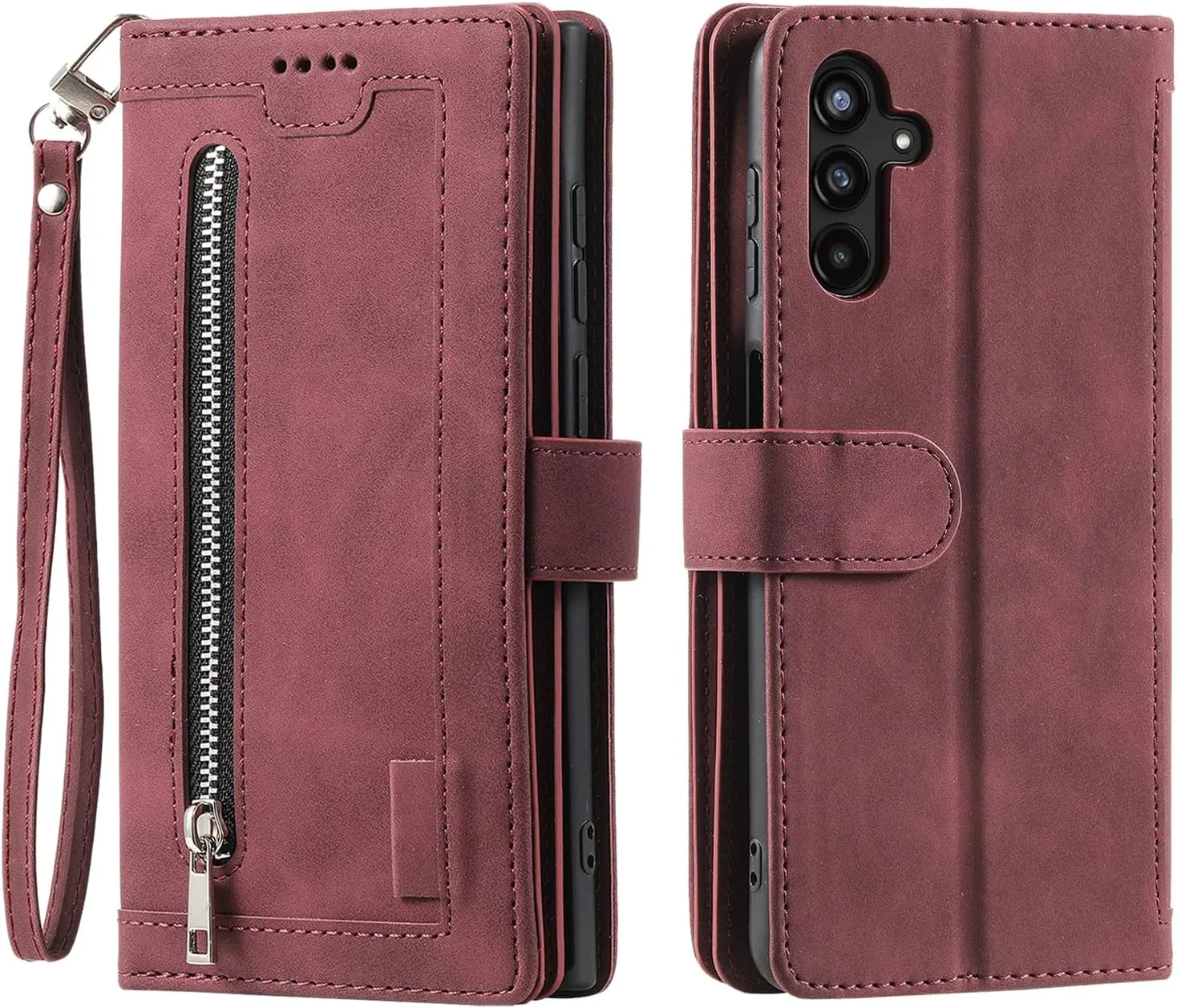 UEEBAI Wallet Case for Samsung Galaxy A16 4G/5G, 9 Card Holder Slots Zipper Pocket Handbag Wallet Magnetic Closure Kickstand with Wrist Strap TPU Shockproof Flip Case for Women - Wine Red