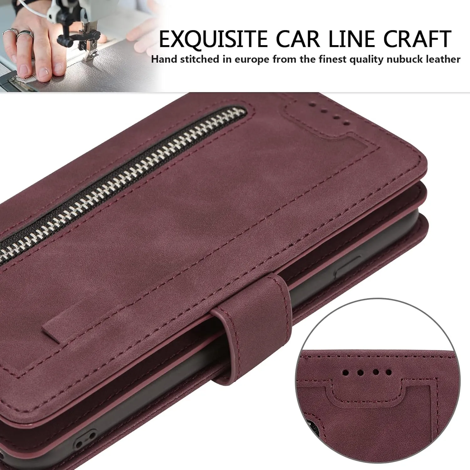 UEEBAI Wallet Case for Samsung Galaxy A16 4G/5G, 9 Card Holder Slots Zipper Pocket Handbag Wallet Magnetic Closure Kickstand with Wrist Strap TPU Shockproof Flip Case for Women - Wine Red