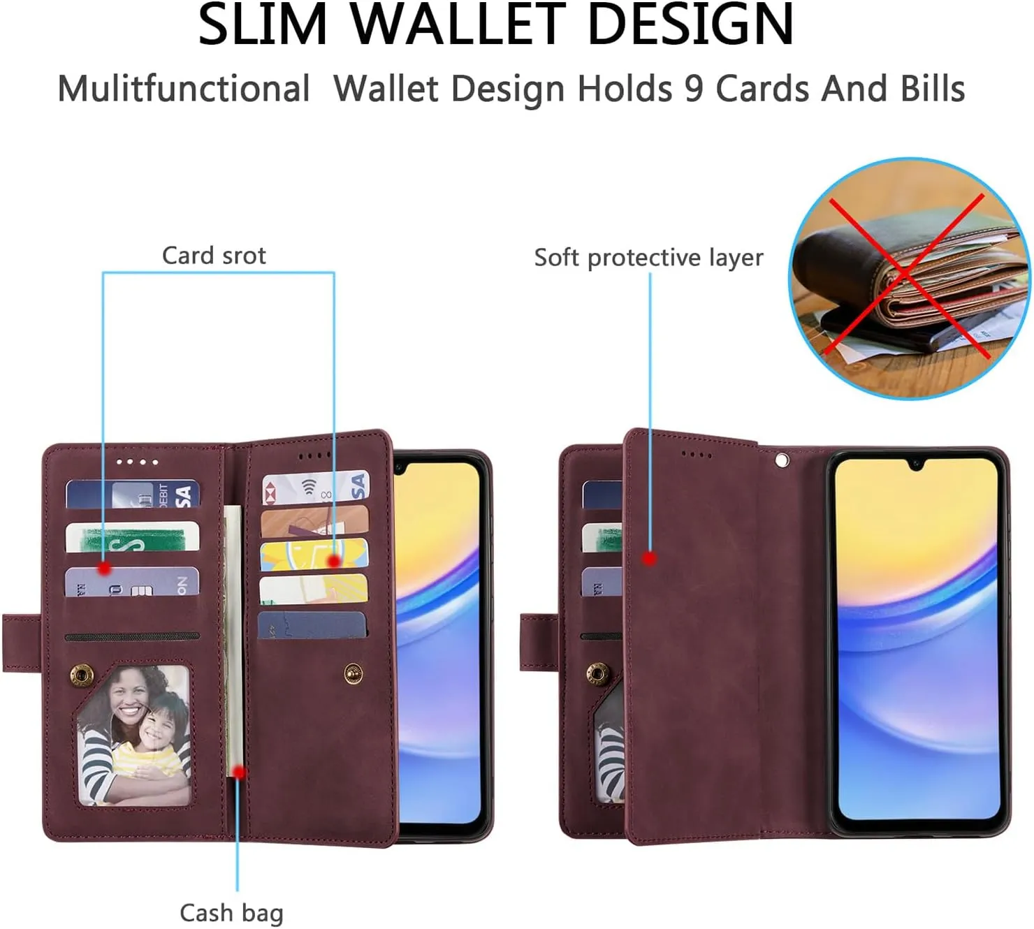 UEEBAI Wallet Case for Samsung Galaxy A16 4G/5G, 9 Card Holder Slots Zipper Pocket Handbag Wallet Magnetic Closure Kickstand with Wrist Strap TPU Shockproof Flip Case for Women - Wine Red